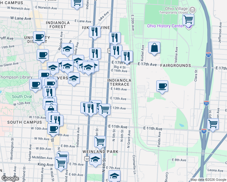 map of restaurants, bars, coffee shops, grocery stores, and more near 350 East 13th Avenue in Columbus