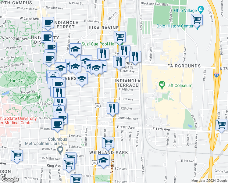 map of restaurants, bars, coffee shops, grocery stores, and more near 300 East 13th Avenue in Columbus