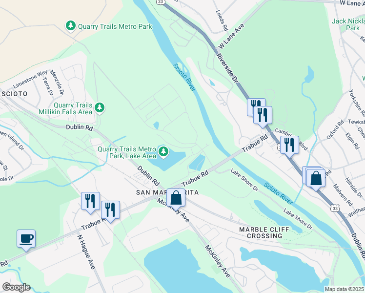 map of restaurants, bars, coffee shops, grocery stores, and more near 3190-3248 Trabue Road in Columbus