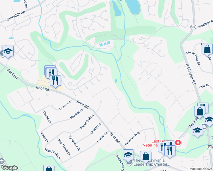map of restaurants, bars, coffee shops, grocery stores, and more near 1525 Meadowbrook Lane in West Chester