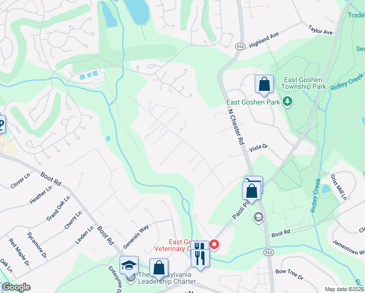 map of restaurants, bars, coffee shops, grocery stores, and more near 1550 King George Court in West Chester