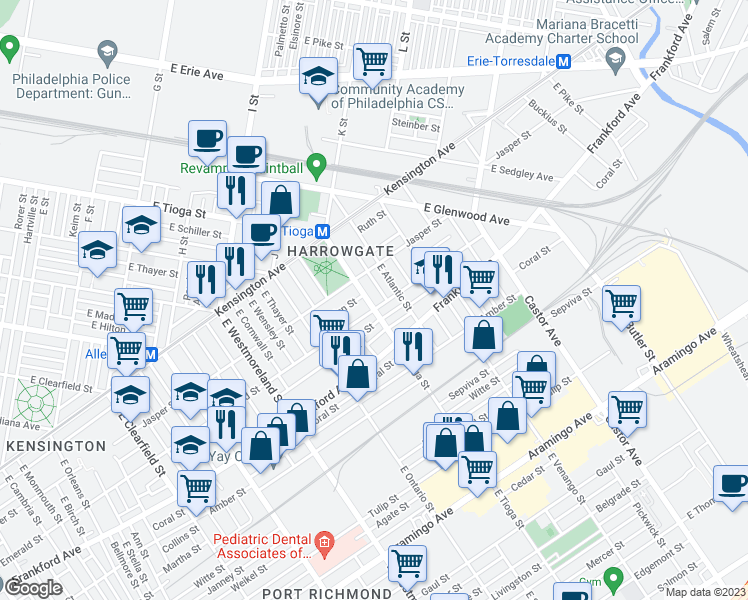 map of restaurants, bars, coffee shops, grocery stores, and more near 1943 East Tioga Street in Philadelphia