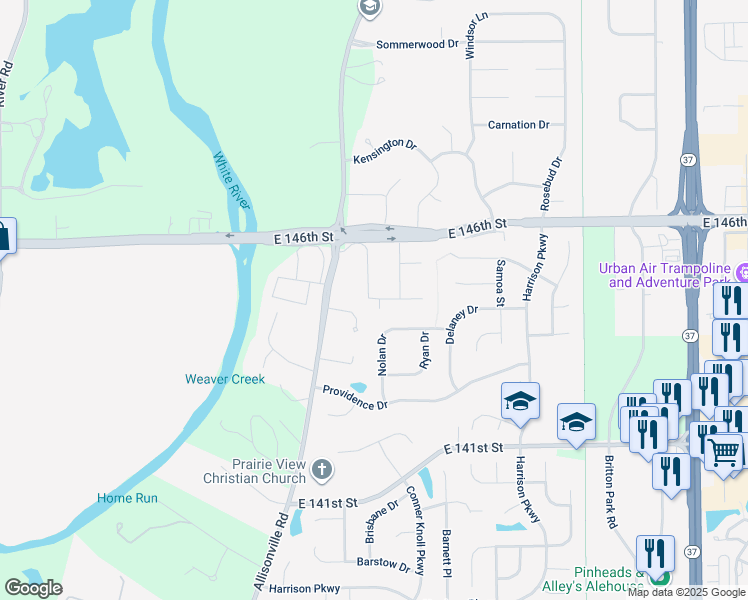 map of restaurants, bars, coffee shops, grocery stores, and more near Willow Drive in Fishers