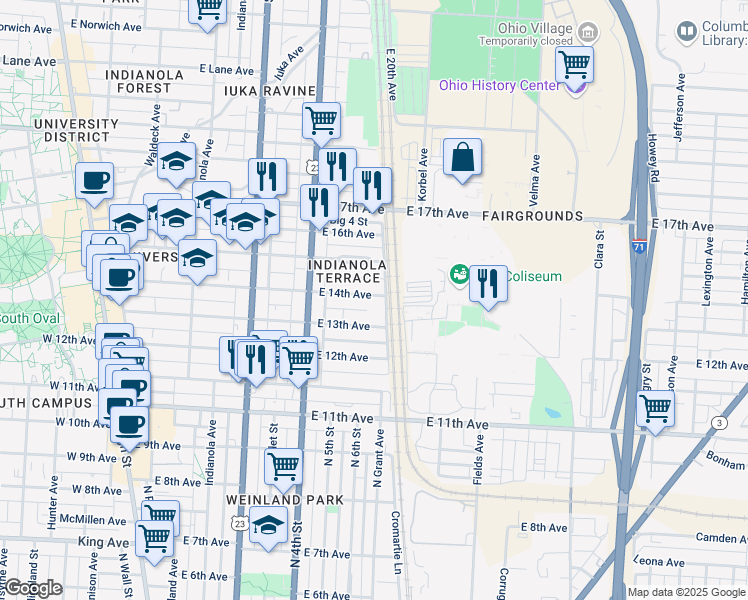 map of restaurants, bars, coffee shops, grocery stores, and more near 429 East 14th Avenue in Columbus