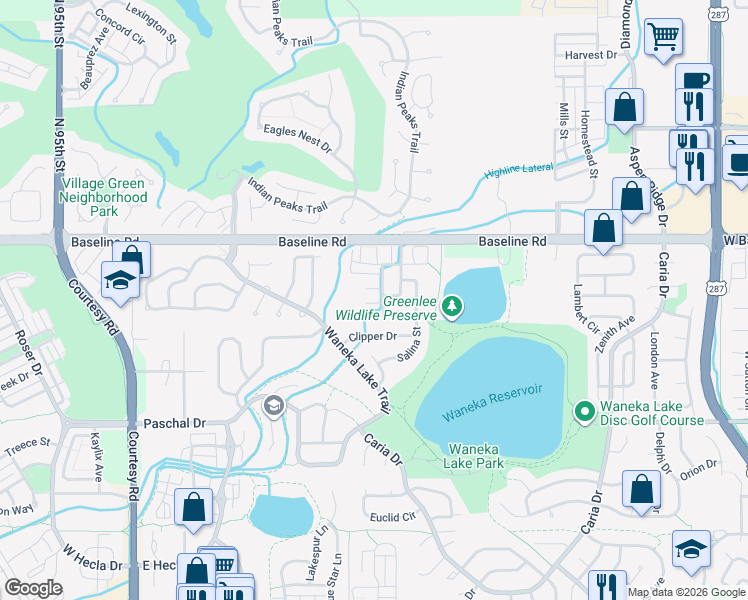 map of restaurants, bars, coffee shops, grocery stores, and more near 2018 South Fork Drive in Lafayette