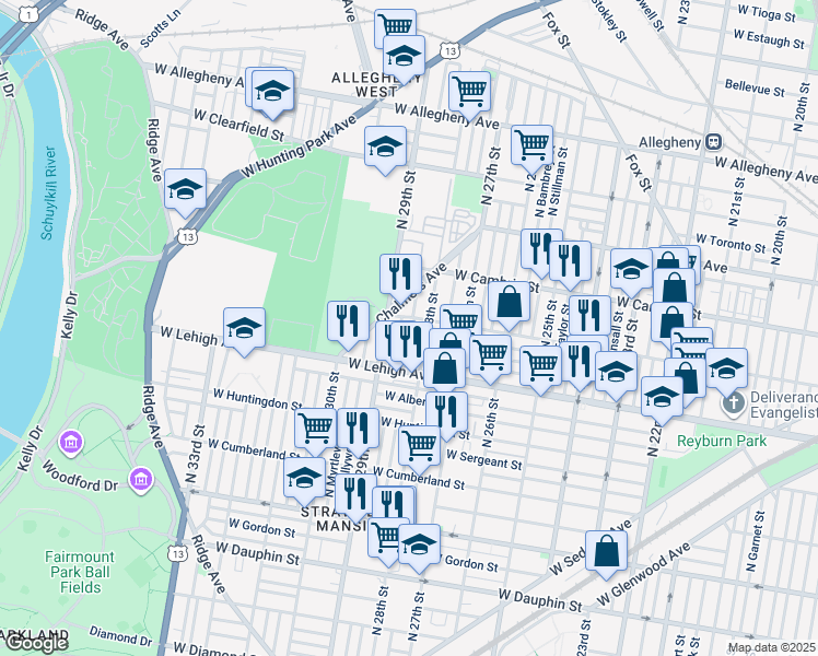 map of restaurants, bars, coffee shops, grocery stores, and more near 2756 North Newkirk Street in Philadelphia