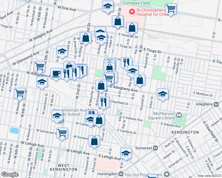 map of restaurants, bars, coffee shops, grocery stores, and more near 116 East Allegheny Avenue in Philadelphia