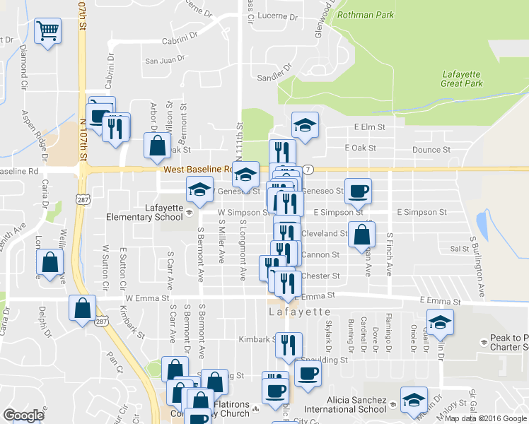 map of restaurants, bars, coffee shops, grocery stores, and more near S Roosevelt Ave & W Simpson Pl in Lafayette