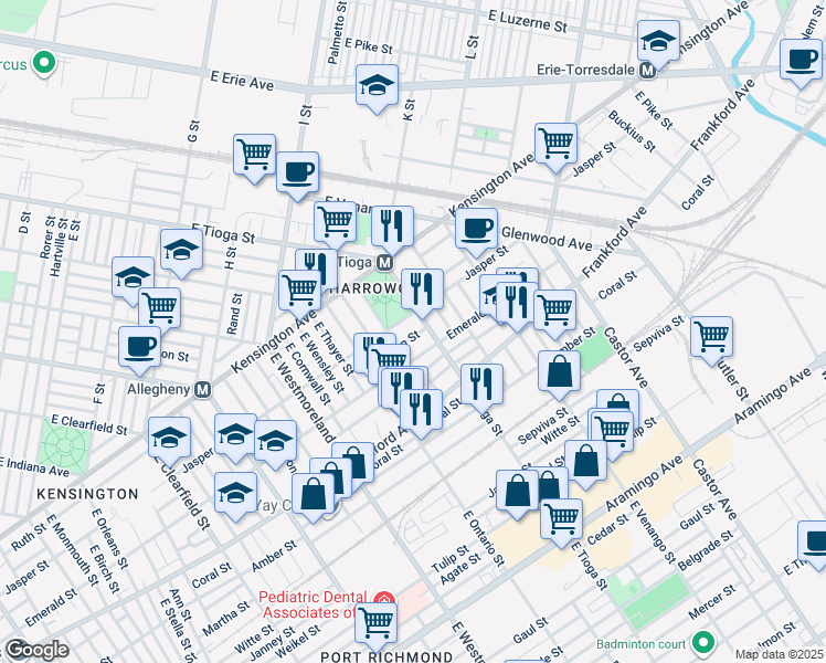 map of restaurants, bars, coffee shops, grocery stores, and more near 3478 Helen Street in Philadelphia