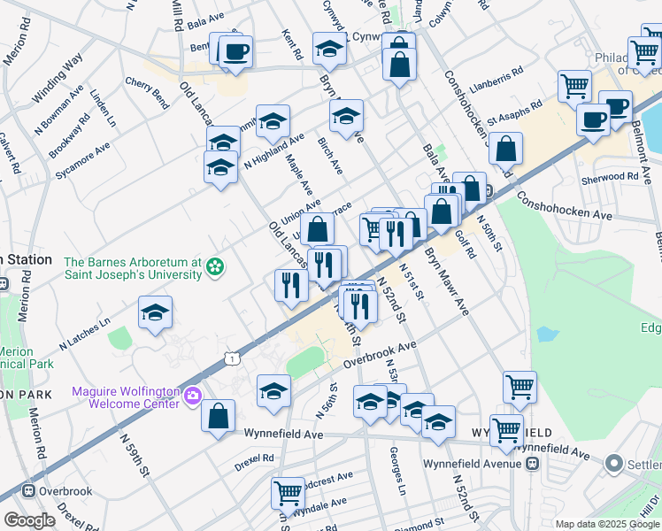 map of restaurants, bars, coffee shops, grocery stores, and more near 160 Edgehill Road in Bala Cynwyd