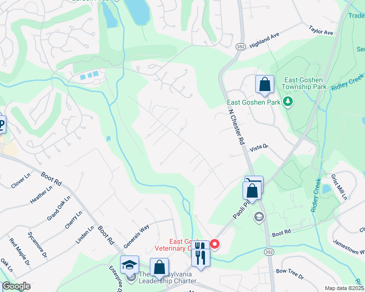 map of restaurants, bars, coffee shops, grocery stores, and more near 1550 King George Court in West Chester