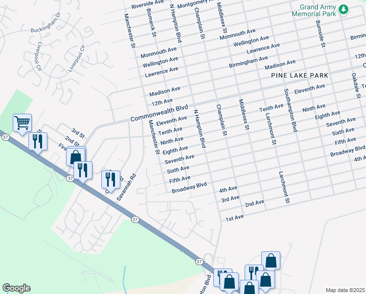 map of restaurants, bars, coffee shops, grocery stores, and more near 641 7th Avenue in Toms River