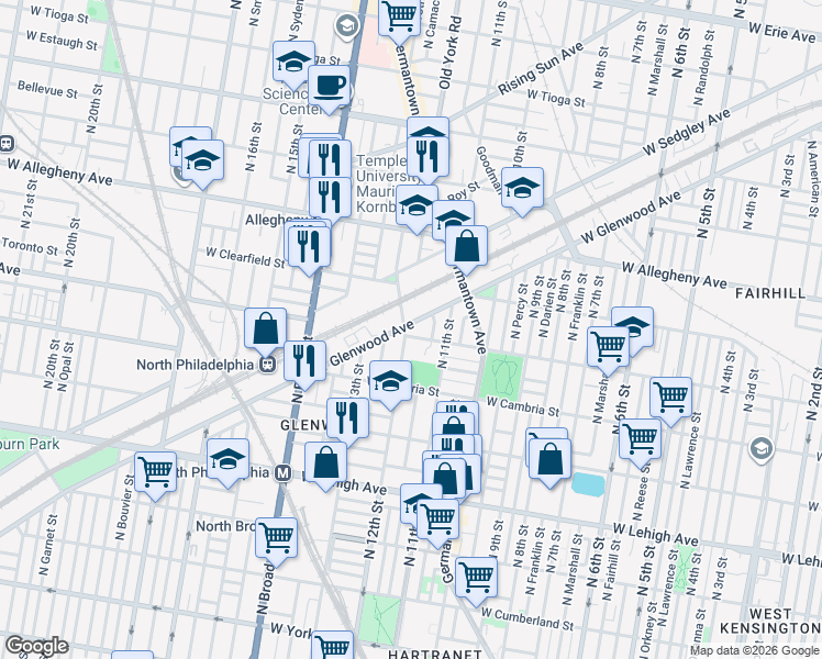 map of restaurants, bars, coffee shops, grocery stores, and more near 2938 North 12th Street in Philadelphia