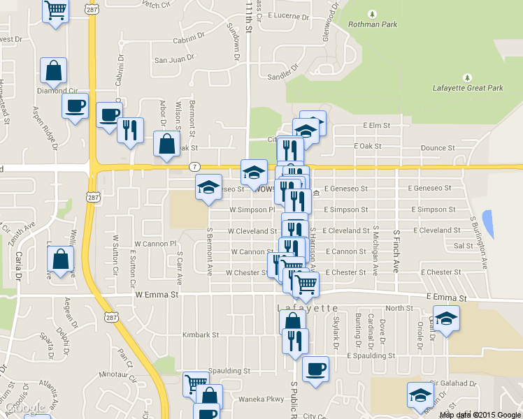 map of restaurants, bars, coffee shops, grocery stores, and more near 207 West Simpson Place in Lafayette
