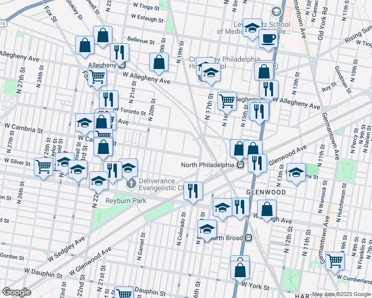 map of restaurants, bars, coffee shops, grocery stores, and more near 1728 West Cambria Street in Philadelphia