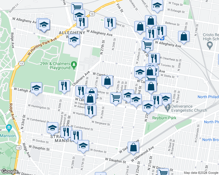 map of restaurants, bars, coffee shops, grocery stores, and more near 2808 North Bambrey Street in Philadelphia