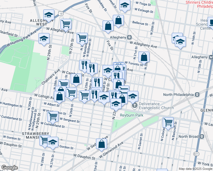 map of restaurants, bars, coffee shops, grocery stores, and more near 2832 North 23rd Street in Philadelphia