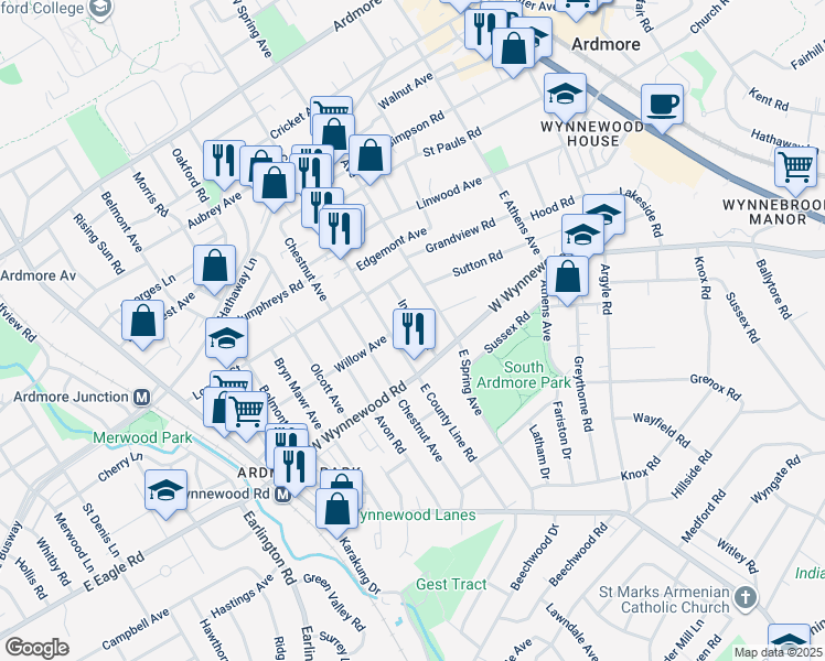 map of restaurants, bars, coffee shops, grocery stores, and more near 344 Inwood Road in Ardmore