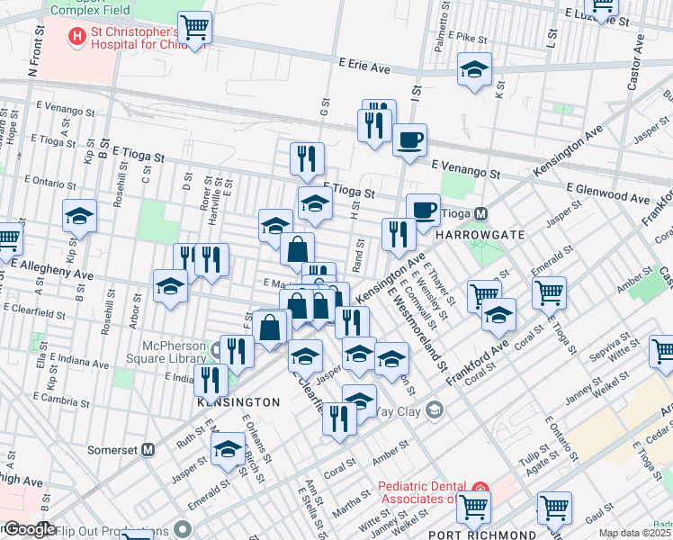 map of restaurants, bars, coffee shops, grocery stores, and more near 863 East Westmoreland Street in Philadelphia