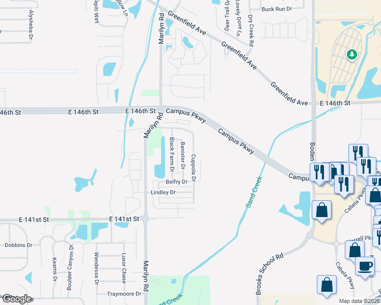 map of restaurants, bars, coffee shops, grocery stores, and more near 14397 Cuppola Drive in Noblesville