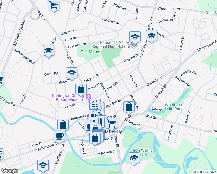 map of restaurants, bars, coffee shops, grocery stores, and more near 113 Union Street in Mount Holly