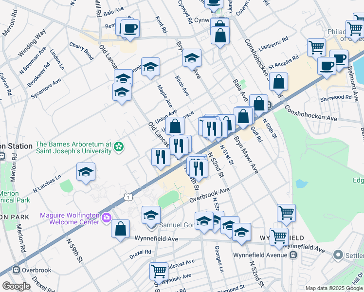 map of restaurants, bars, coffee shops, grocery stores, and more near 162 Edgehill Road in Bala Cynwyd