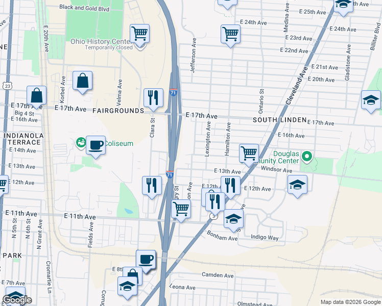 map of restaurants, bars, coffee shops, grocery stores, and more near 1625 Jefferson Avenue in Columbus