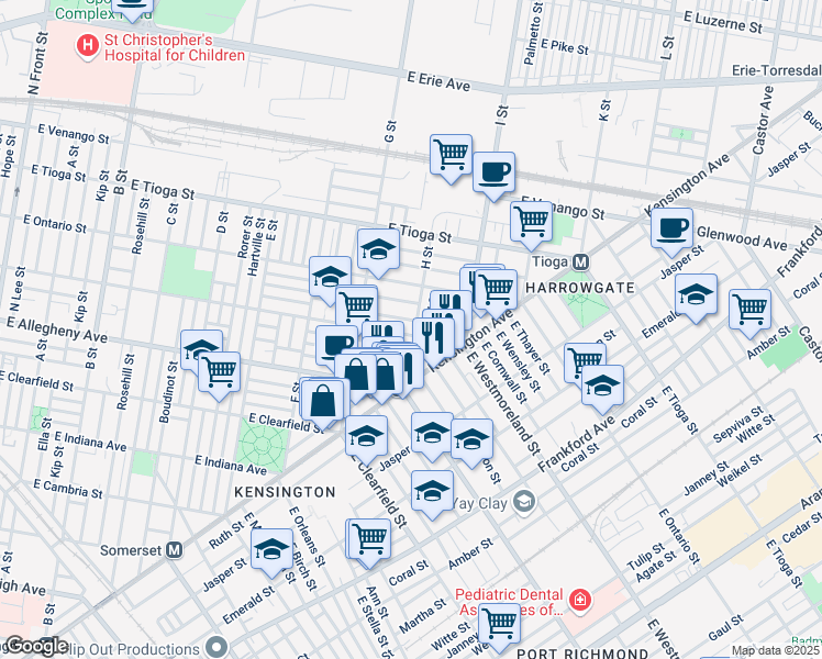 map of restaurants, bars, coffee shops, grocery stores, and more near 3304 H Street in Philadelphia