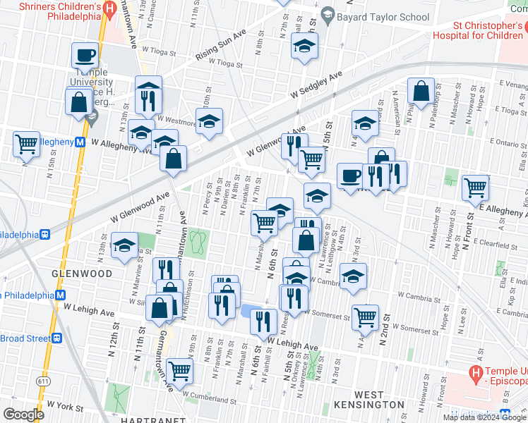 map of restaurants, bars, coffee shops, grocery stores, and more near 635 West Mayfield Street in Philadelphia