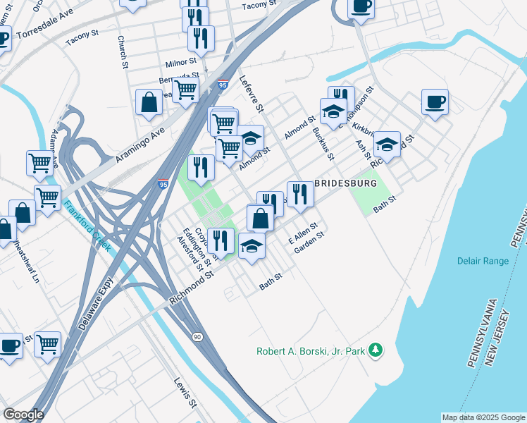 map of restaurants, bars, coffee shops, grocery stores, and more near 2727 Orthodox Street in Philadelphia