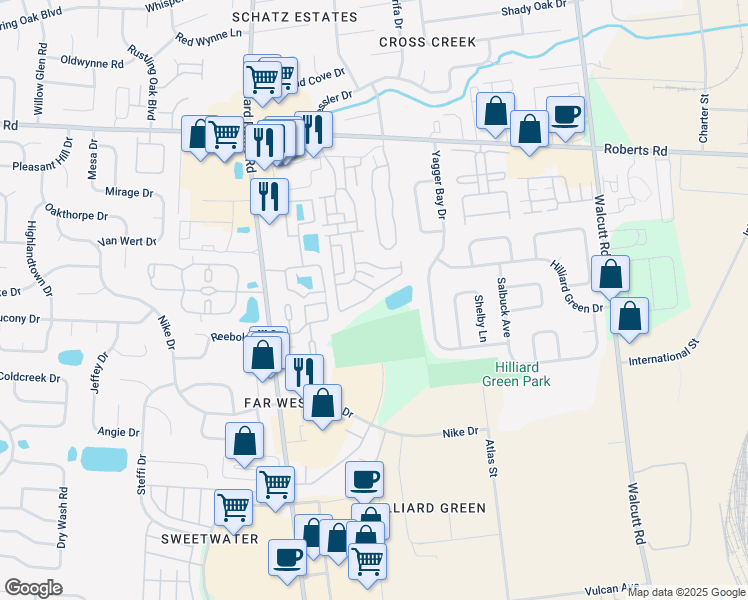 map of restaurants, bars, coffee shops, grocery stores, and more near 5212 Bridle Creek Way in Hilliard