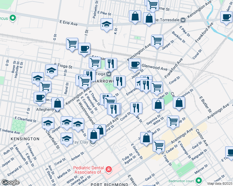 map of restaurants, bars, coffee shops, grocery stores, and more near 3478 Helen Street in Philadelphia