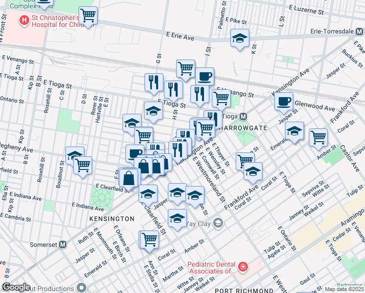 map of restaurants, bars, coffee shops, grocery stores, and more near 3313 Argyle Street in Philadelphia