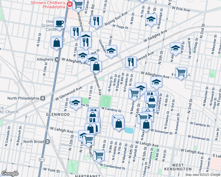 map of restaurants, bars, coffee shops, grocery stores, and more near 3029 North Percy Street in Philadelphia