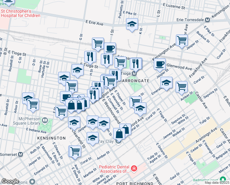 map of restaurants, bars, coffee shops, grocery stores, and more near 1810 East Thayer Street in Philadelphia