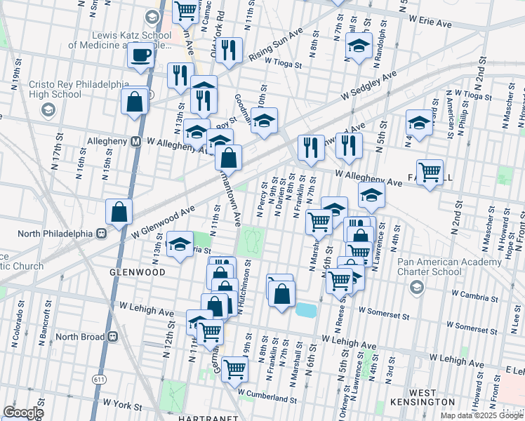 map of restaurants, bars, coffee shops, grocery stores, and more near 3035 North Percy Street in Philadelphia