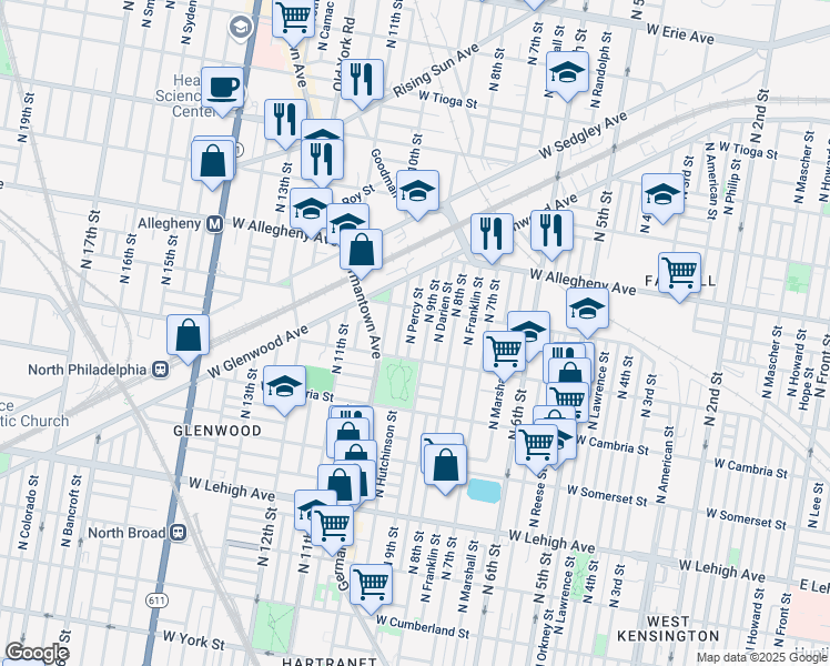 map of restaurants, bars, coffee shops, grocery stores, and more near 3035 North Percy Street in Philadelphia