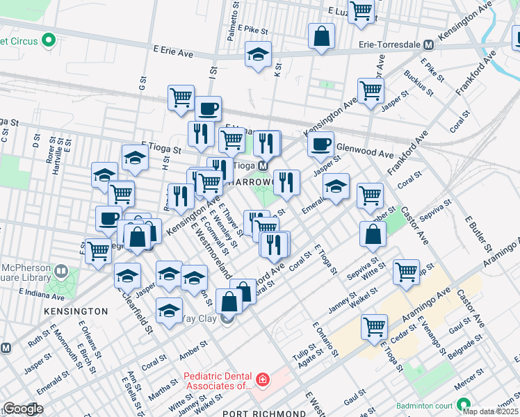 map of restaurants, bars, coffee shops, grocery stores, and more near 1870 East Schiller Street in Philadelphia