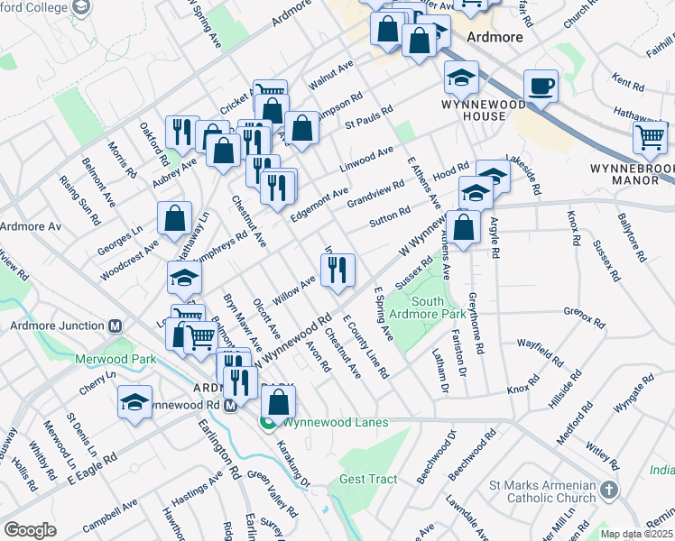 map of restaurants, bars, coffee shops, grocery stores, and more near 344 Inwood Road in Ardmore