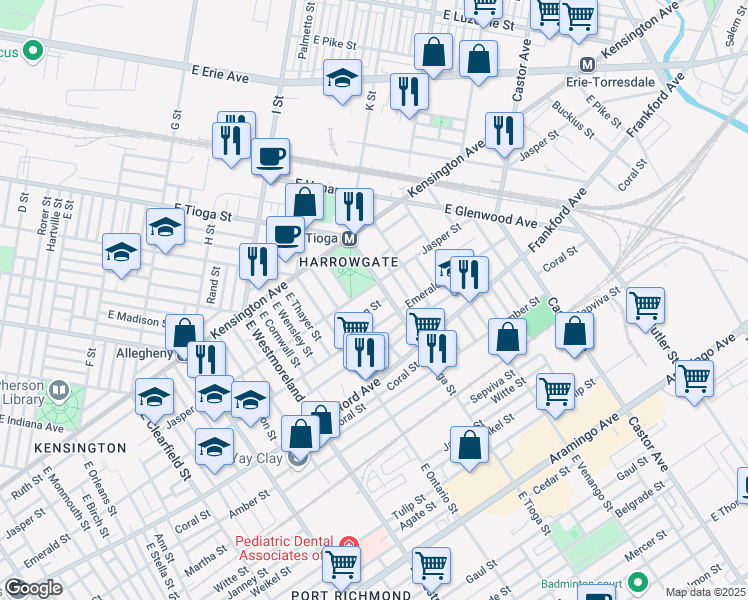 map of restaurants, bars, coffee shops, grocery stores, and more near 3480 Helen Street in Philadelphia