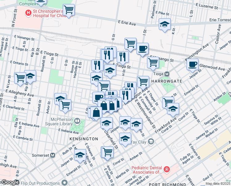 map of restaurants, bars, coffee shops, grocery stores, and more near 853 East Westmoreland Street in Philadelphia