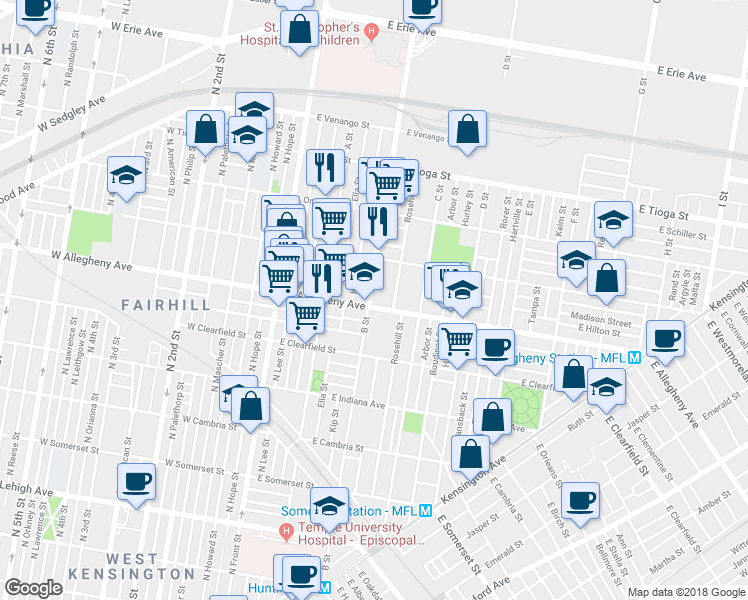 map of restaurants, bars, coffee shops, grocery stores, and more near 301 East Allegheny Avenue in Philadelphia