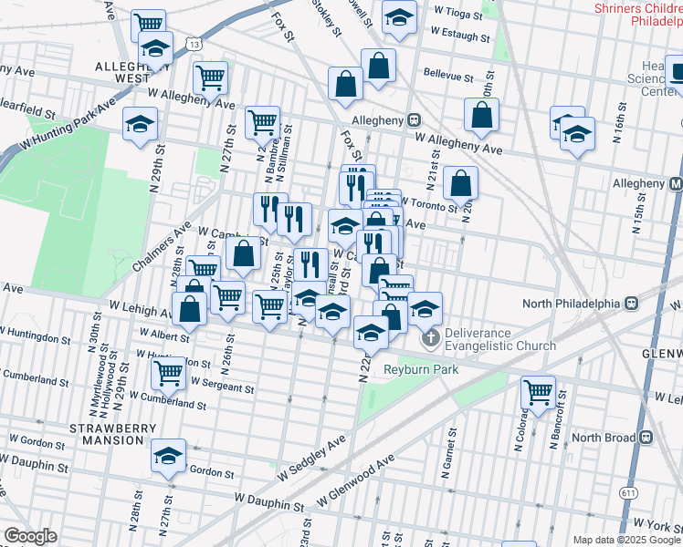 map of restaurants, bars, coffee shops, grocery stores, and more near 2834 North 23rd Street in Philadelphia