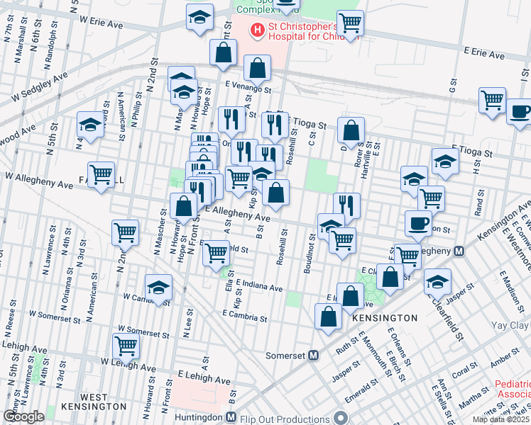 map of restaurants, bars, coffee shops, grocery stores, and more near 301 East Allegheny Avenue in Philadelphia