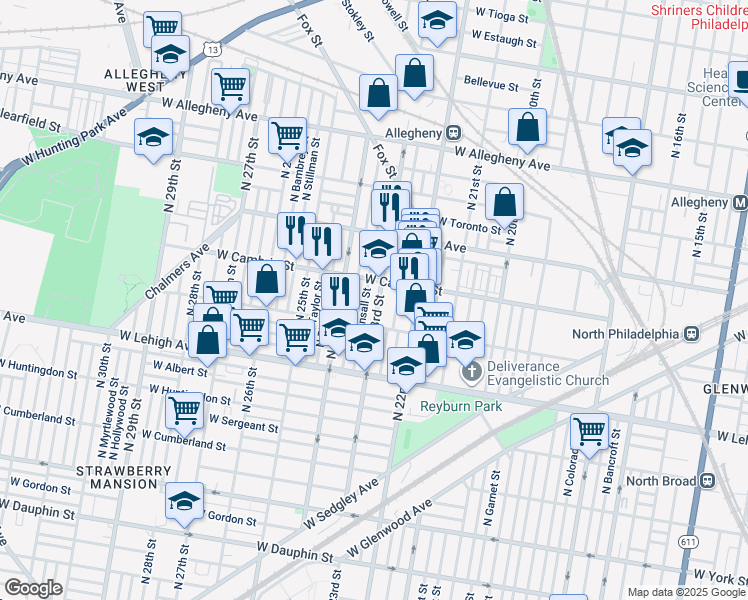 map of restaurants, bars, coffee shops, grocery stores, and more near 2834 North 23rd Street in Philadelphia