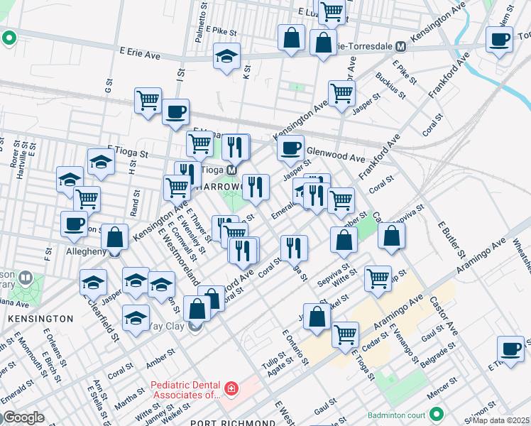 map of restaurants, bars, coffee shops, grocery stores, and more near 1863 East Tioga Street in Philadelphia