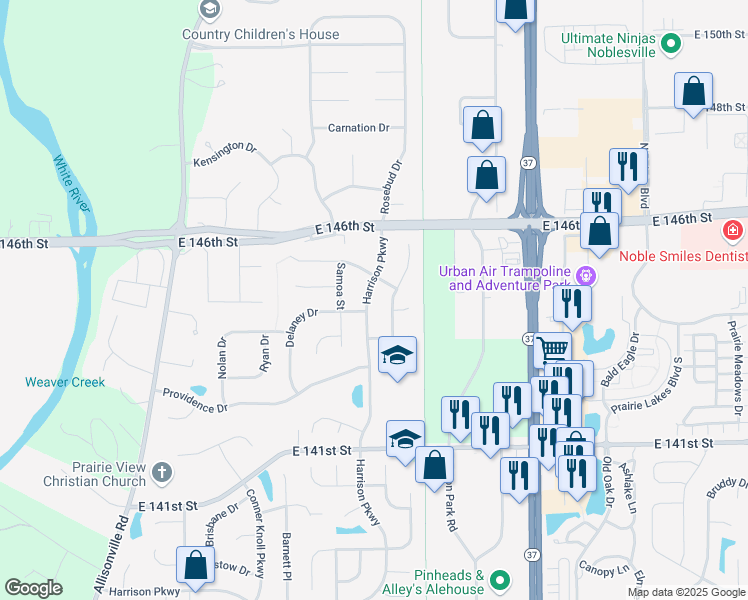 map of restaurants, bars, coffee shops, grocery stores, and more near 14441 Harrison Parkway in Fishers