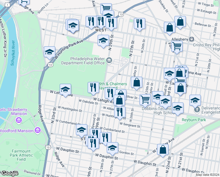 map of restaurants, bars, coffee shops, grocery stores, and more near 2760 North Newkirk Street in Philadelphia