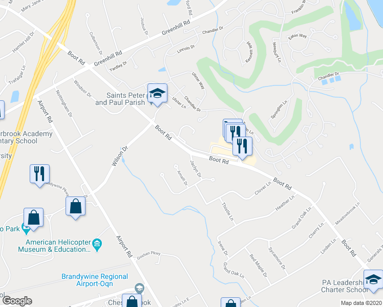 map of restaurants, bars, coffee shops, grocery stores, and more near 1371 E Boot Rd in West Chester