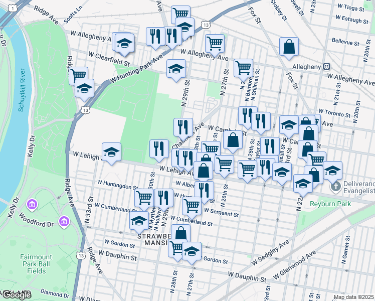 map of restaurants, bars, coffee shops, grocery stores, and more near 2760 North Newkirk Street in Philadelphia